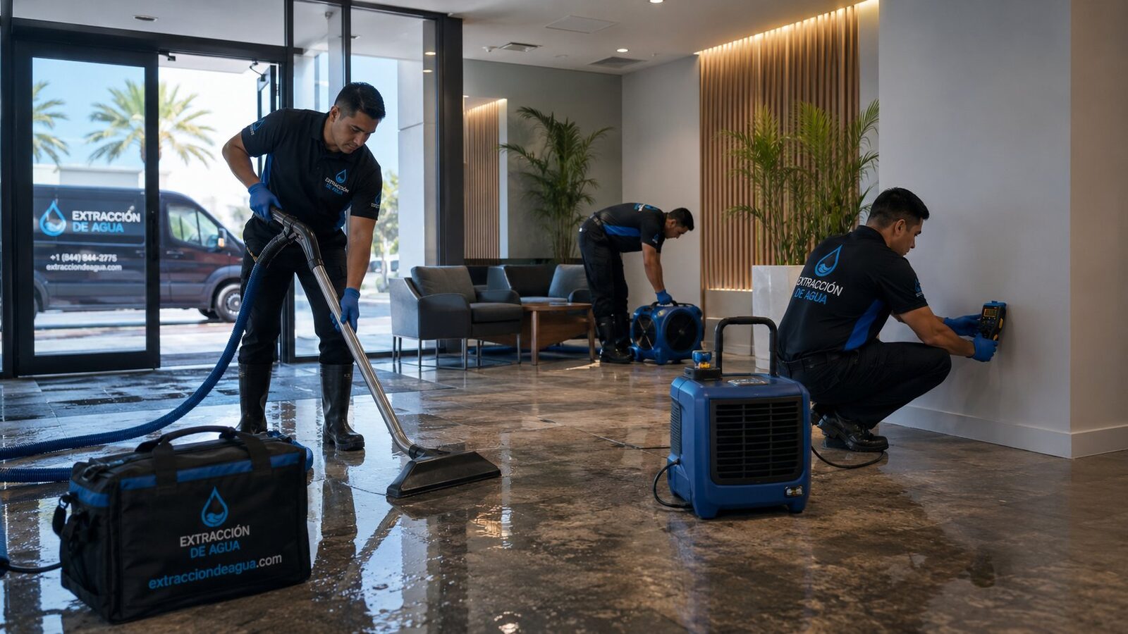 Técnicos restaurando lobby comercial con extractores y sensores de humedad tras inundación