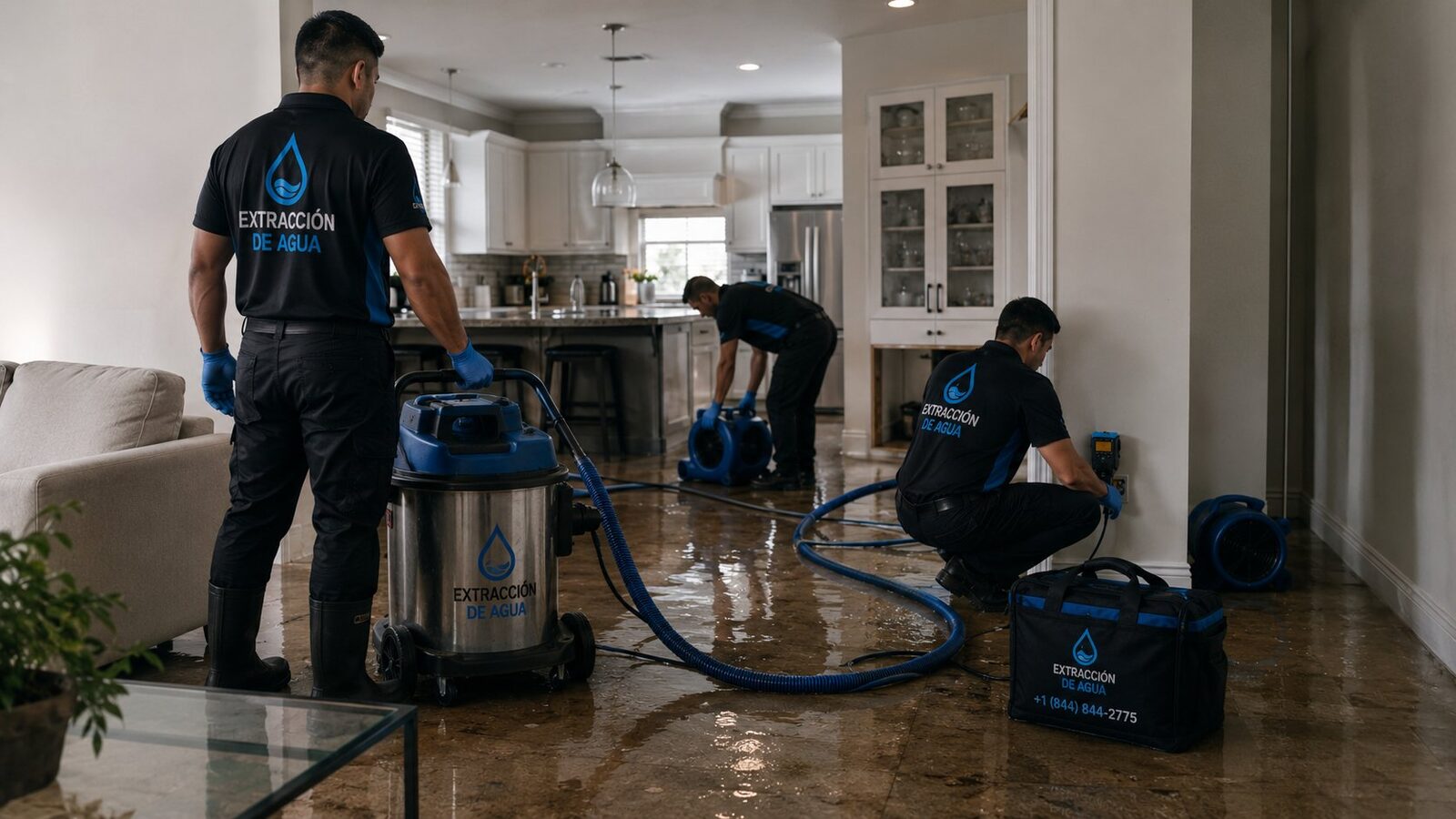 Equipo extrayendo agua de inundación en cocina con extractores y deshumidificadores profesionales