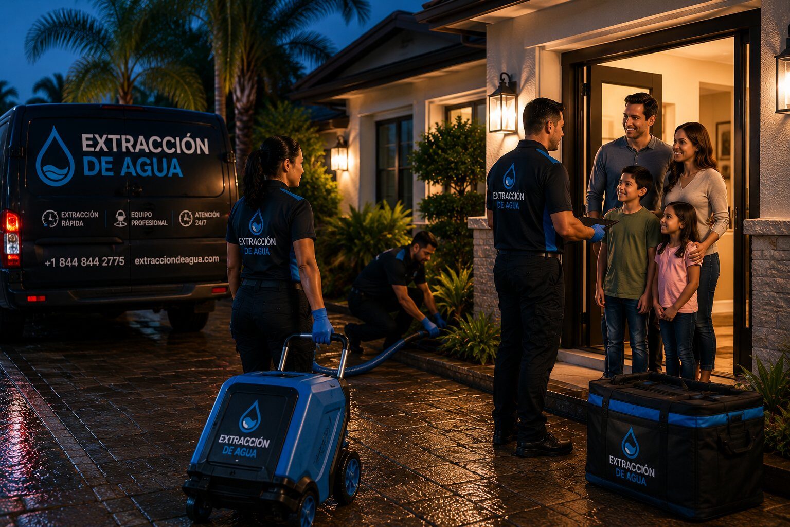 Técnicos de Extracción De Agua atendiendo a familia en su hogar de noche tras emergencia